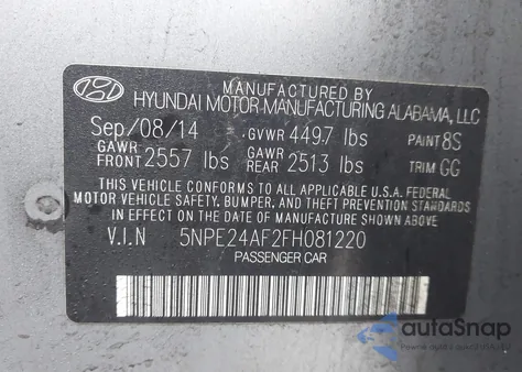 2015 Hyundai Sonata Se from USA, damaged, VIN 5NPE24AF2FH081220